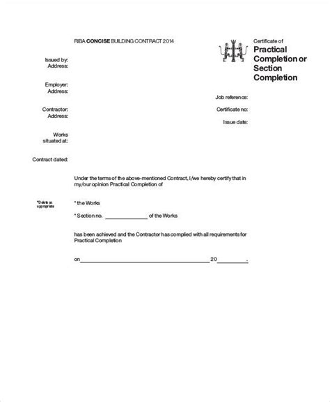 jct minor works practical completion certificate template